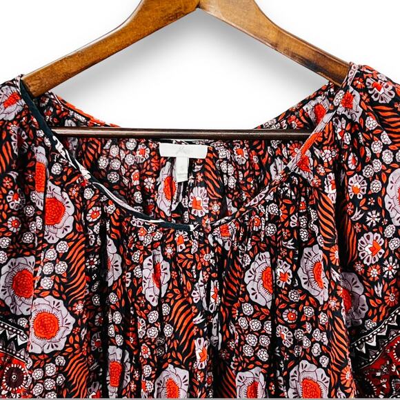 Joie Boho Floral Peasant Top Red Black Tie Neck Puff Sleeve Romantic Style Small - Picture 5 of 11